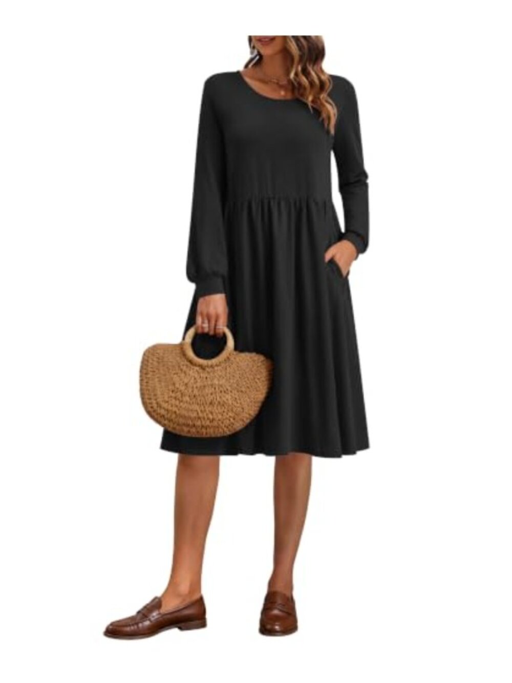 Women's A-Line Casual Dress with Pockets Loose Fit Long Sleeve